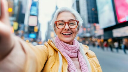 Senior woman snapping a selfie while exploring a new city