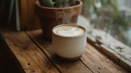 Steaming Cup of Latte Art on Wooden Table
