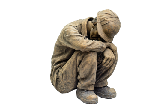 Bronze statue of a melancholic man sitting with knees drawn up and head down, depicting loneliness and contemplation, isolated on transparent background.