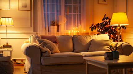 Cozy Living Room Interior with Warm Lighting and Soft Pillows