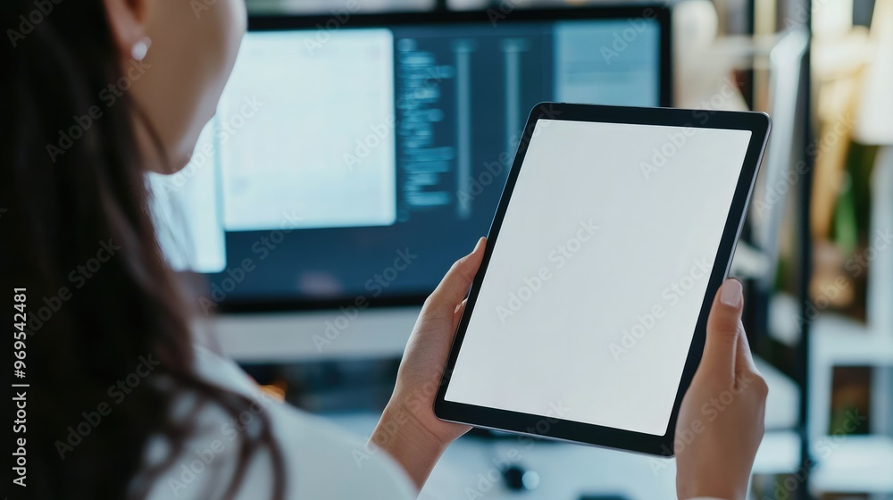 Poster a close-up of a woman holding a tablet with a blank screen, with a computer monitor in the backgroun