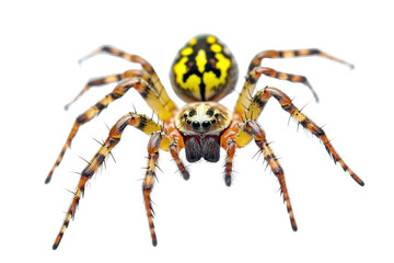 Close-up of a colorful spider with a striking pattern on its abdomen, isolated on a transparent background.