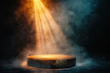 A spotlight shines on a golden platform. This dramatic backdrop is perfect for showcasing products or designs.