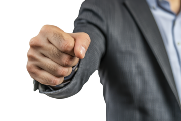 Close-up of a businessman's hand pointing forward, wearing a gray suit, on a transparent background. Emphasizing direction and focus in business.