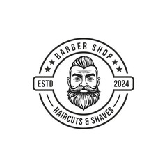Barber shop logo template. Handsome man with beard and mustache. Scissors. Barber shop symbol. line art editable vector.