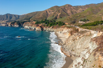 Beautiful landscape of Pacific Ocean coast along Highway 1 and Big Sur, aerial view, sunset, sunrise, fog. Concept, travel, vacation, weekend