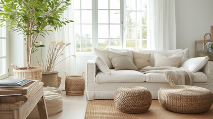 Fototapeta premium Minimalist Living Room Interior Design with White Sofa and Natural Elements