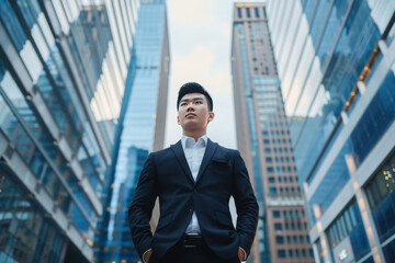 Well-groomed, rich Chinese young man in full height in an expensive suit against the background of blurry skyscrapers, view from below.