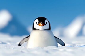 Fototapeta premium A cute penguin stands on the snow, showcasing its black and white feathers against a stunning blue background.