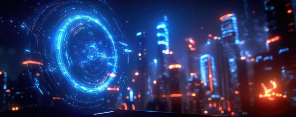 Obraz premium Futuristic cityscape with glowing blue lights and digital structures, illustrating advanced technology and modern architecture.