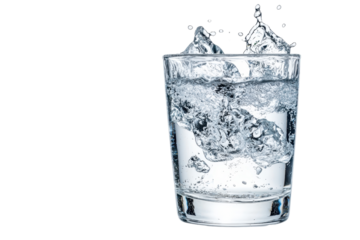 Close-up of ice cubes splashing into a clear glass of water, showcasing freshness and purity with a transparent background.