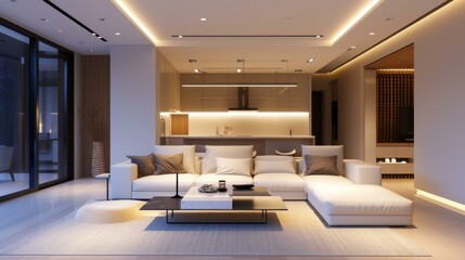 Fototapeta premium Modern Minimalist Living Room Design with Sectional Sofa and Large Windows