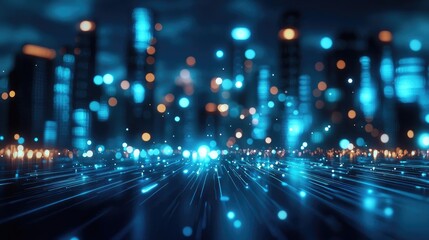 A futuristic cityscape filled with vibrant blue lights and glowing particles, creating a dynamic and energetic atmosphere.