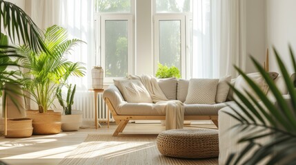 Modern Minimalist Living Room with Tropical Plants and Natural Light
