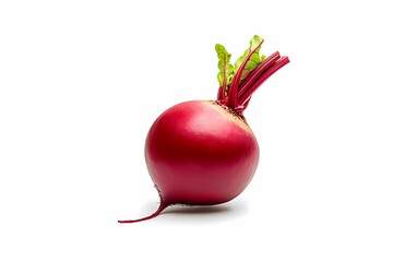 Fresh, vibrant radish with green leaves against a clean white background, perfect for culinary or health-themed projects.