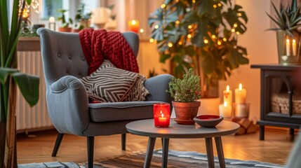 Obraz premium Cozy Living Room with Armchair, Candles, and Fireplace