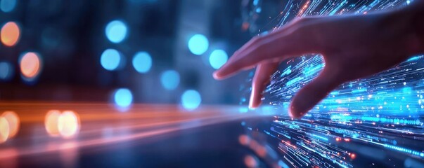 A hand reaches out, interacting with glowing digital streams in a futuristic environment, showcasing technology and innovation.