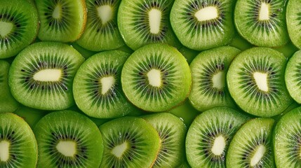 Seamless background of fresh kiwi fruit slices. A pattern of kiwi slices arranged in symmetrical rows, creating an abstract background with the green and black fruit texture visible.