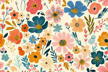 Colorful Flowers And Leaves Creating A Stunning Floral Pattern On A Light Background. Generative AI
