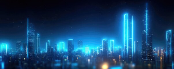 Fototapeta premium A mesmerizing night view of a futuristic city skyline illuminated with vibrant blue lights, capturing modern architecture and atmosphere.