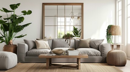 Fototapeta premium Modern Living Room Interior Design with Cozy Sofa and Plants