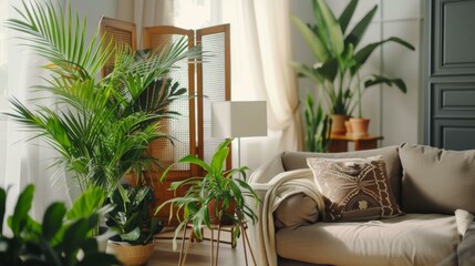 Modern Living Room Decor with Lush Greenery and Cozy Couch