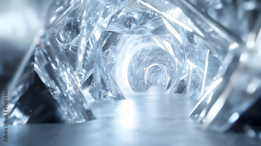 Wall mural a futuristic crystal tunnel with silver metal accents, architectural photography