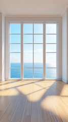 Fototapeta premium Vertical photo of an empty living room in light colors with wooden floor and large bright window with ocean view