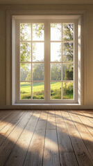 Fototapeta premium Vertical photo of an empty living room in light colors with wooden floor and large bright window with greenery view