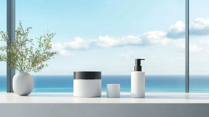 Obraz premium Mockup of beauty bottles on a white counter against a bright window with ocean view