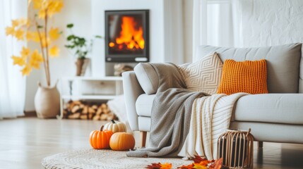 Cozy Autumn Living Room with Fireplace and Pumpkins