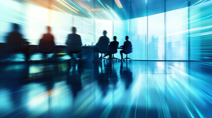 Fototapeta premium Blurred professional business team discussing strategies in a high-tech meeting room