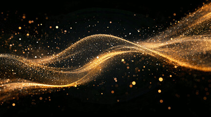 Scattered gold particles on black background in wave shape. Holiday background. Generative AI