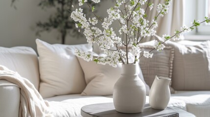 White Flowers in a Vase on a White Couch in a Minimalist Living Room