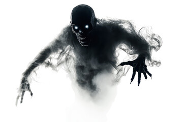 Dark ghostly figure with glowing eyes emerging from smoke or mist, perfect for Halloween or horror themes.