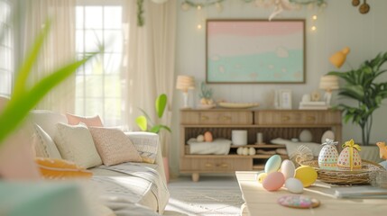 Easter Decor Ideas: Cozy Living Room with Pastel Eggs