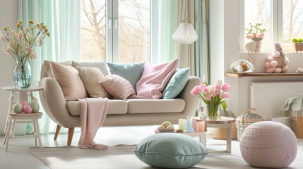 Cozy Living Room Interior Design with Pastel Colors and Natural Light