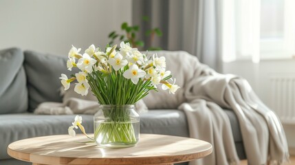 White Daffodils in a Vase on a Wooden Table in a Living Room