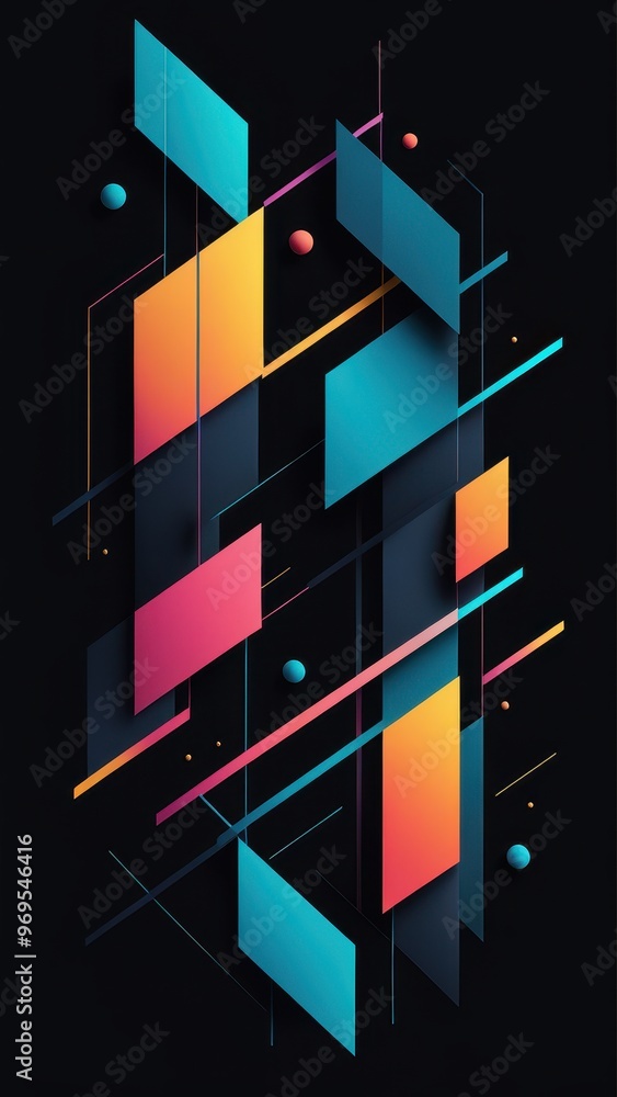 Poster abstract geometric design with vibrant colors and shapes on a dark background.