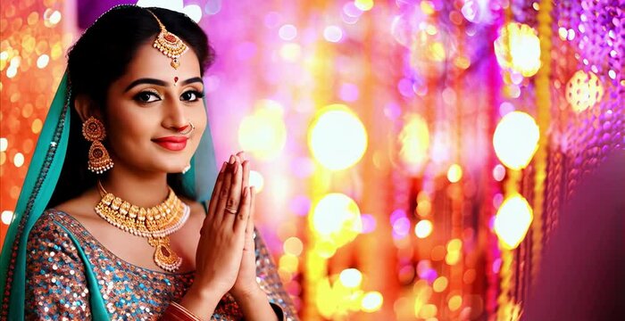 Beautiful woman greeting with her hands joined, namaste. with traditional ethnic saree showing namaste gesture by looking camera during festival celebration - concept of welcome, greetings, copy space