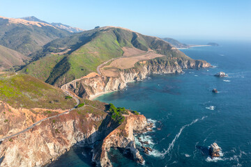 Beautiful landscape of Pacific Ocean coast along Highway 1 and Big Sur, aerial view, sunset, sunrise, fog. Concept, travel, vacation, weekend