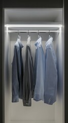 Minimalist Grey Shirt Hanging in Wardrobe on White Background
