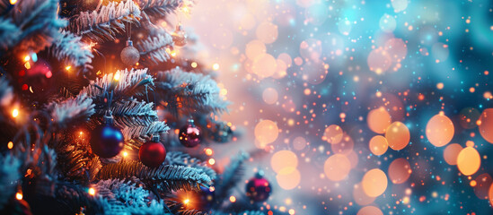 Festively Decorated Outdoor Christmas tree on blurred sparkling fairy background.