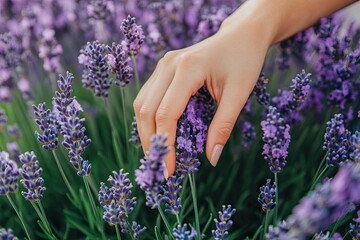 A hand gently touches lavender flowers. This image is perfect for showcasing the beauty and tranquility of lavender fields.