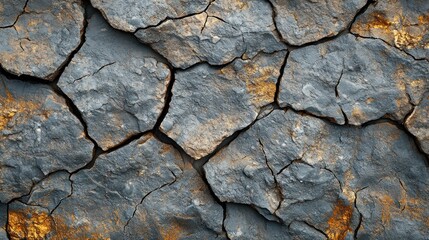 Cracked Grey Rock Surface with Golden Veins