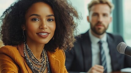Confident businesswoman speaking at a conference, with a male colleague in the background.