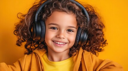 A young girl with curly hair wears yellow headphones and smiles brightly.