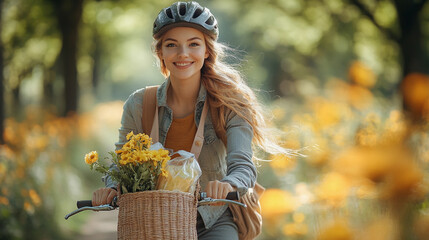 young woman cycling city park carrying reusable tote bag with fresh groceries bright sunny day