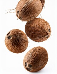Falling coconuts whole, isolated on white background, full depth of field
