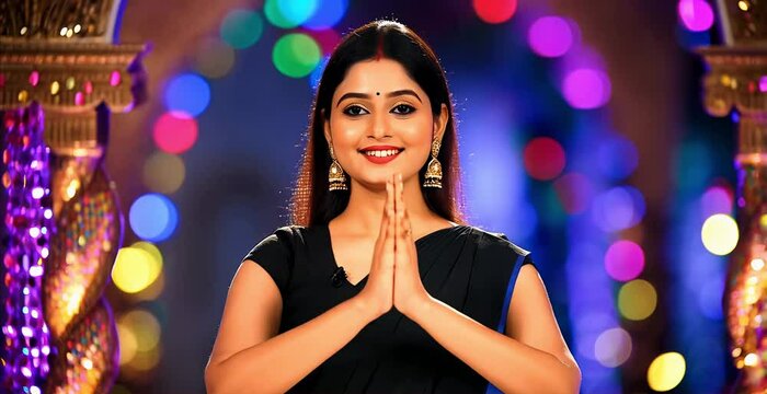 Beautiful woman greeting with her hands joined, namaste. with traditional ethnic saree showing namaste gesture by looking camera during festival celebration - concept of welcome, greetings, copy space